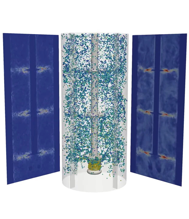 150 L reactor simulation: energy dissipation (left) and fluid velocity (right)