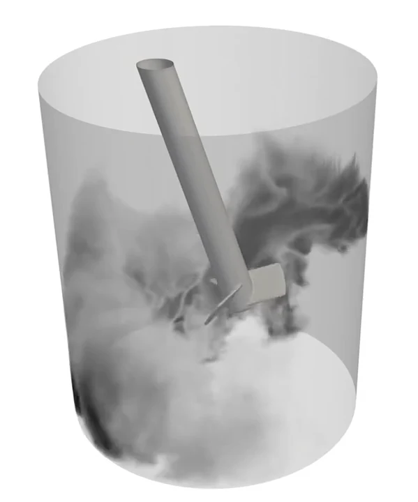 Simulated mass transport in a single-use bioreactor, showing how unevenly a tracer distributes through the vessel