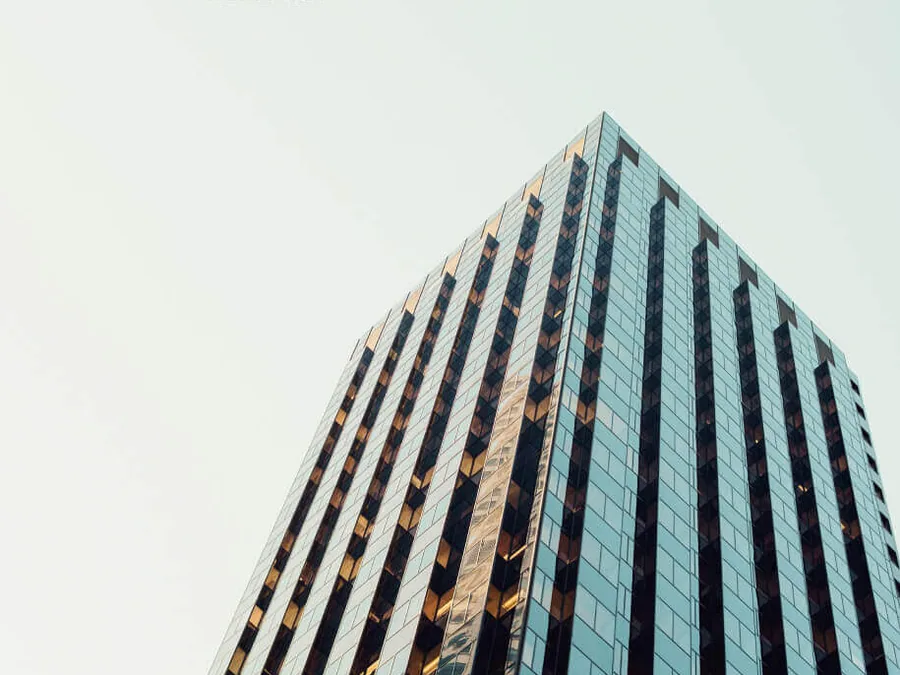 Corporate office tower, seen from below